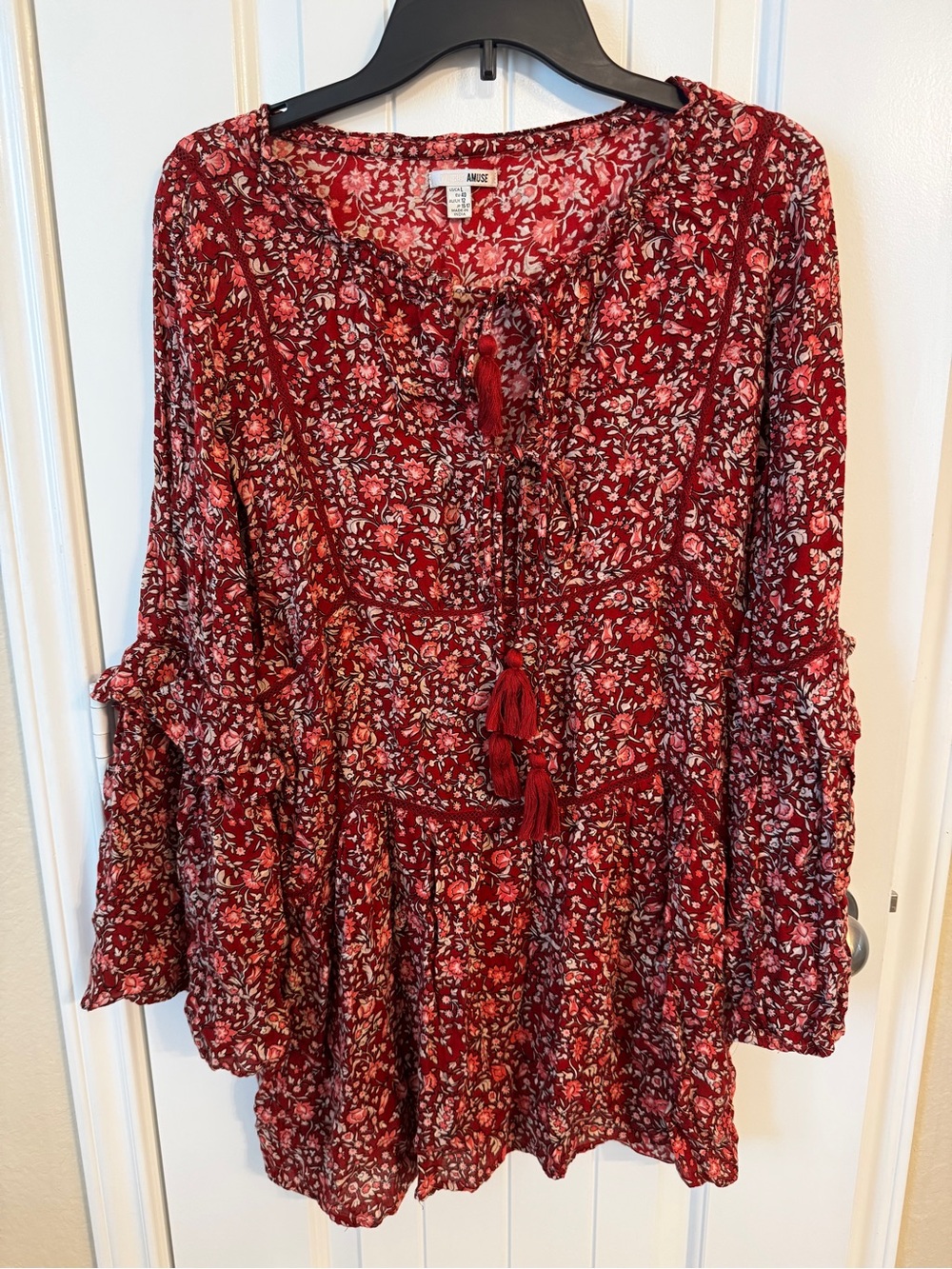 Society Amuse Burgundy Floral Tassel Peasant Tunic